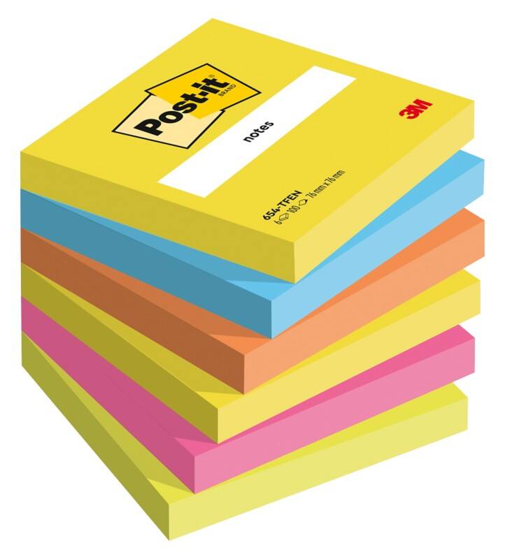 Post-it Sticky Notes Square 76 x 76 mm Assorted 654-TFEN 6 Pads of 100 Sheets