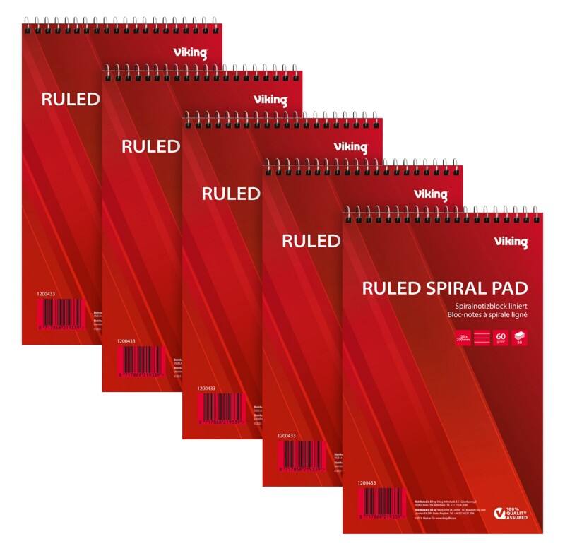 Viking Notepad 125 x 200 mm Ruled Spiral Top Bound Paper Soft Cover Red 100 Pages Pack of 5