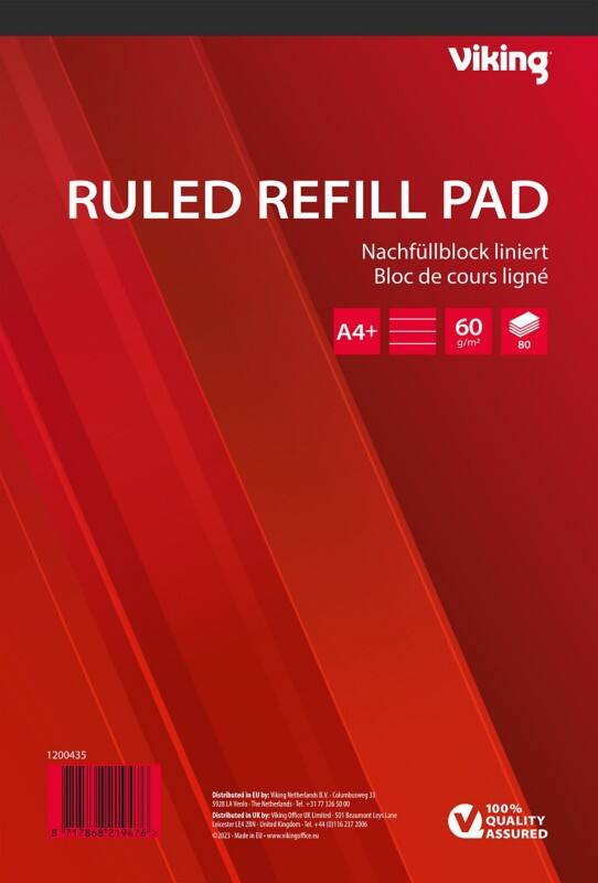 Viking Refill Pad Glued A4+ Ruled Paper Soft Cover Red 160 Pages Pack of 5