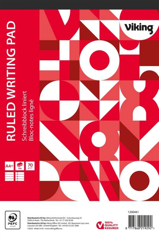 Viking Notepad A4+ Ruled Stapled Top Bound Paper Soft Cover Red Perforated 200 Pages Pack of 5