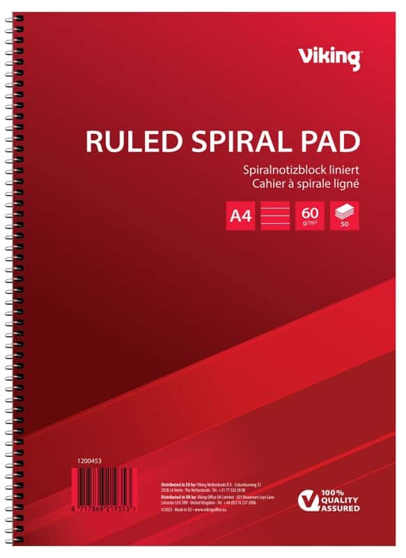 Viking Notebook A4 Ruled Spiral Side Bound Paper Soft Cover Red Perforated 100 Pages Pack of 5