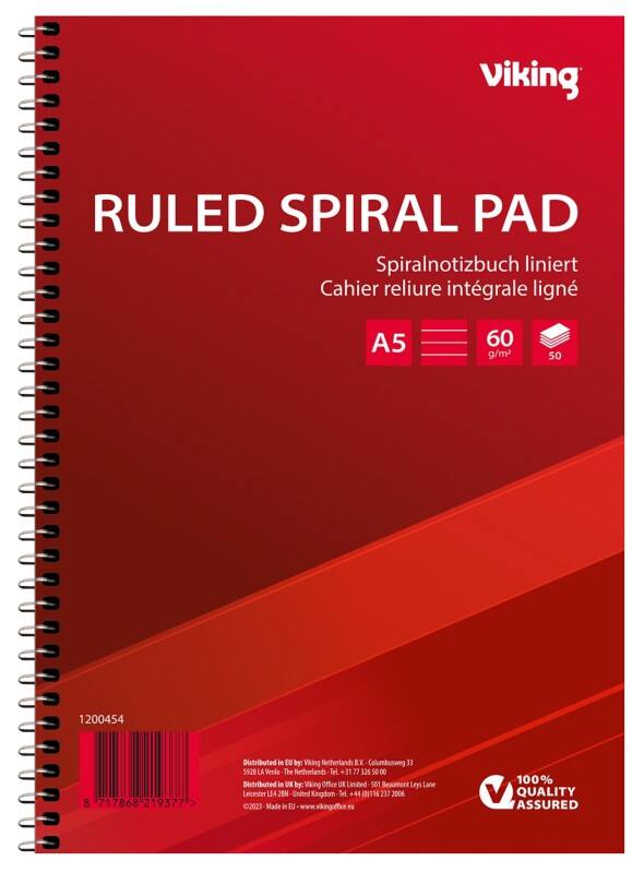 Viking Notebook A5 Ruled Spiral Side Bound Paper Soft Cover Red Perforated 100 Pages Pack of 5