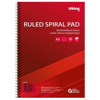 Viking Notebook A5 Ruled Spiral Side Bound Paper Soft Cover Red Perforated 100 Pages Pack of 5