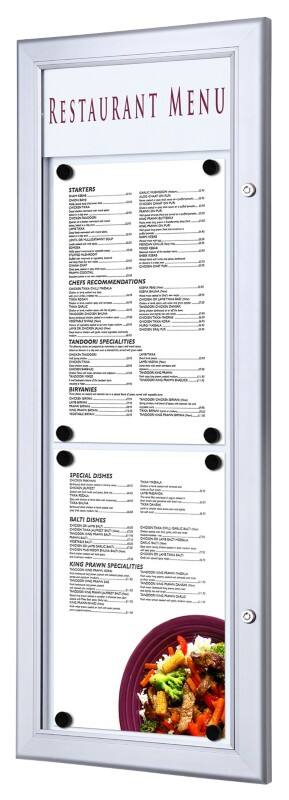 SHOWDOWN Menu Board Magnetic A4 Wall Mounted with Screws Lockable 29 (W) x 77.9 (H) cm Silver