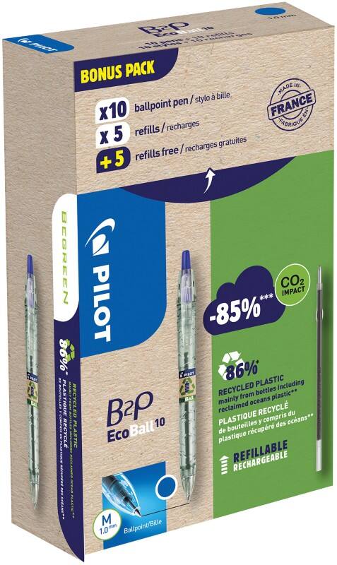 Pilot B2P Ecoball Ballpoint Pen Blue Medium 0.4 mm Pack of 10 Pens and 10 Refills