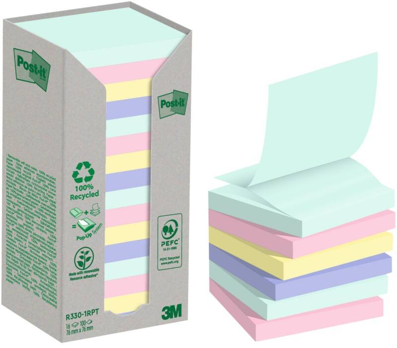 Post-it 100% Recycled Sticky Z-Notes Square 76 x 76 mm Assorted 100 Sheets Pack of 16