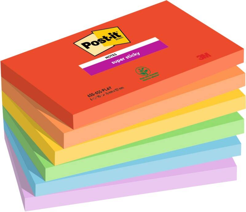 Post-it Super Sticky Notes 76 x 127 mm Blue, Green, Orange, Red, Violet, Yellow Rectangular Plain 6 Pads of 90 Sheets