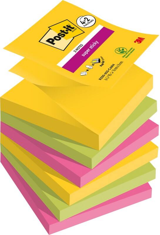 Post-it Super Sticky Z-Notes 76 x 76 mm Carnival Colours 90 Sheets Value Pack 4 + 2 Free