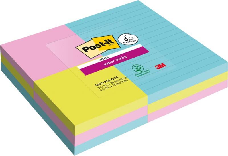 Post-it Super Sticky Notes 101 x 152 mm Cosmic Colours 90 Sheets Value Pack: 3 Pads of 101 x 152 mm + 6 Pads of 76 x 76 mm Free