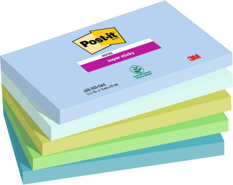 Post-it Super Sticky Notes 76 x 127 mm Blue, Green Rectangular Plain 5 Pads of 90 Sheets