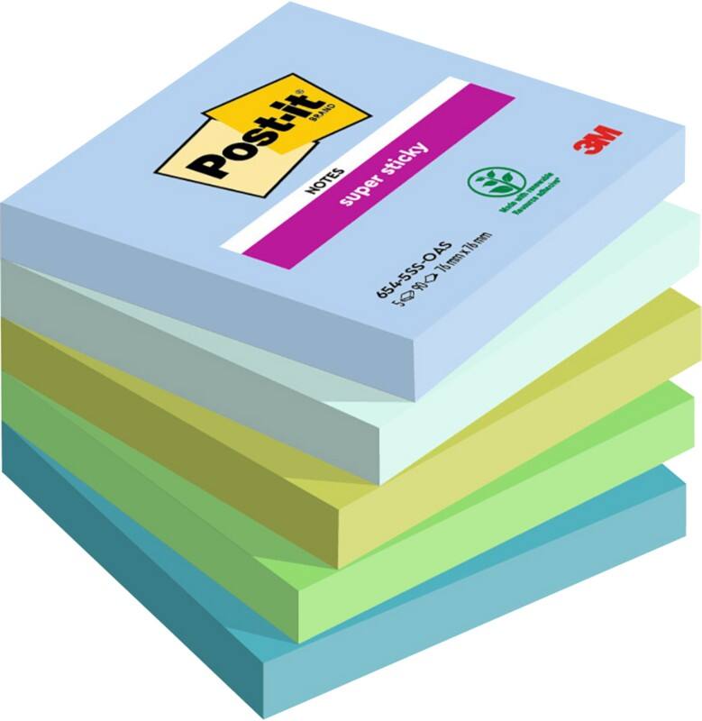 Post-it Oasis Colour Collection Super Sticky Notes 76 x 76 mm Assorted 90 Sheets Pack of 5