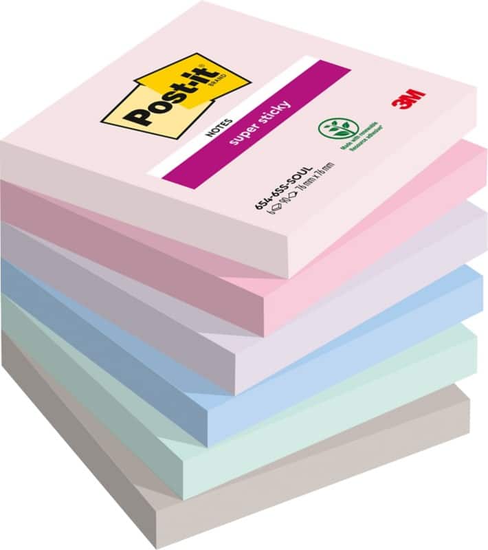 Post-it Soulful Colour Collection Super Sticky Notes 76 x 76 mm Assorted 90 Sheets Pack of 6