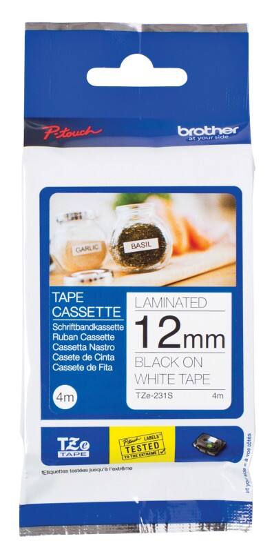 Brother TZe-231S 12mm Black on White Labelling Tape Cassette, 4M Long