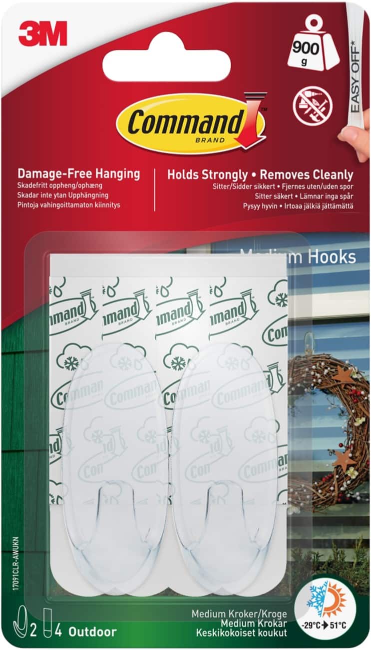 Command Wall Hook Outdoor Transparent Set of 2 Hooks and 4 Strips