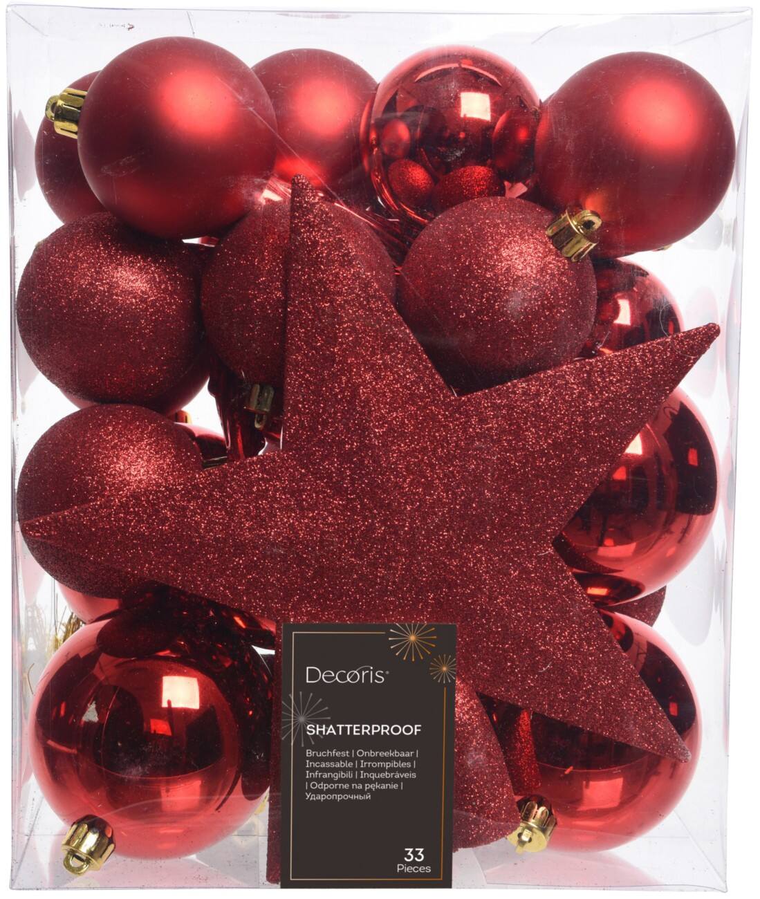 Decoris Christmas Bauble Red Shatterproof mix box with tree topper Pack of 33