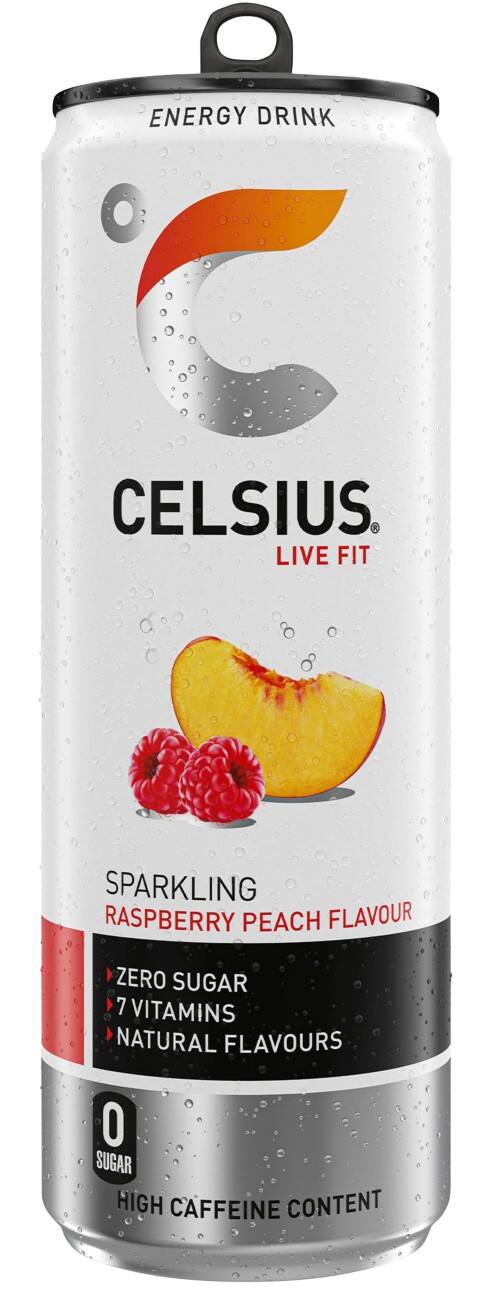 CELSIUS Sparkling Raspberry Peach Zero-Sugar 12 Cans x 0.355 L