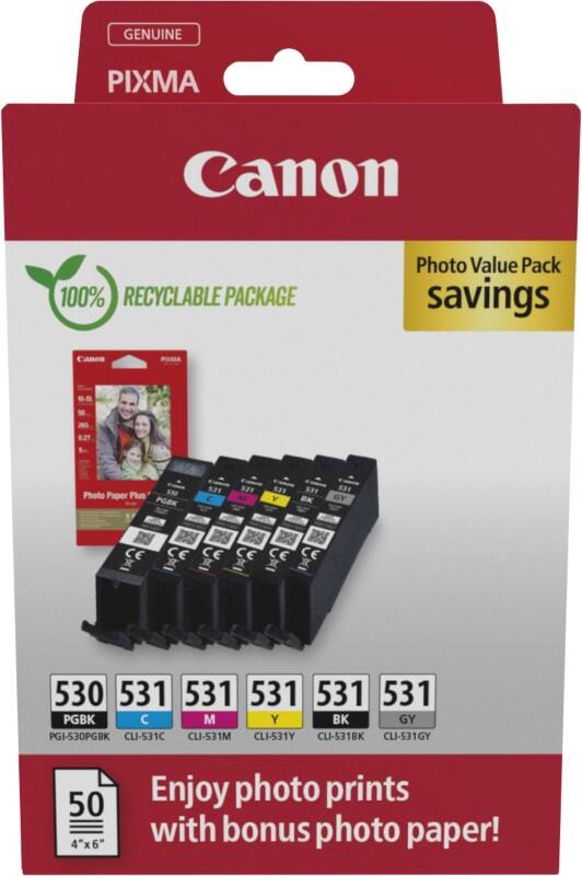 Canon 6117C004 Original Ink Cartridge Black, Pigment Black, Cyan, Magenta, Yellow, Grey And 50 Sheets of Glossy Photo Paper