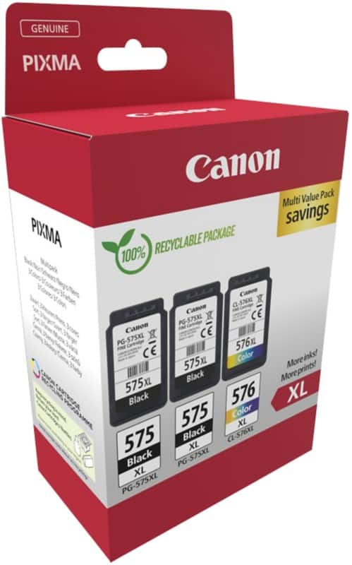 Canon 575, 576 Original Ink Cartridge Black, Cyan, Magenta, Yellow Multipack of 3