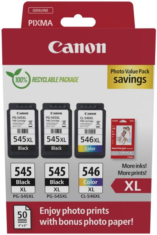Canon 545, 546 Original Ink Cartridge Black, Cyan, Magenta, Yellow Multipack of 3