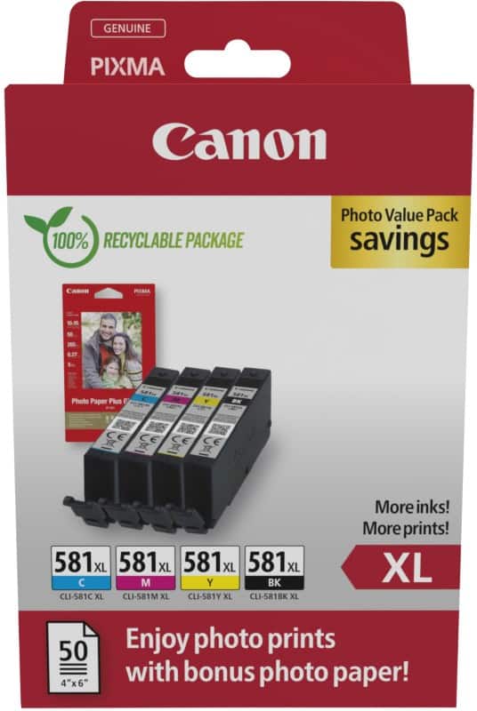 Canon CLI-581XL Ink Cartridge 2052C006 Black, Cyan, Magenta, Yellow Pack of 4 Photo Value