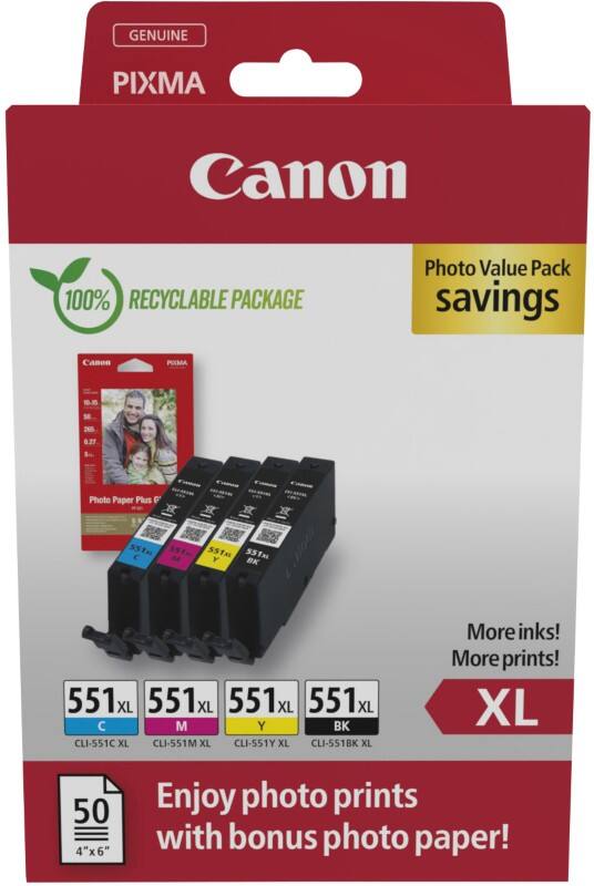 Canon CLI-551XL Ink Cartridge 6443B008 Black, Cyan, Magenta, Yellow Multipack of 4 Photo Value