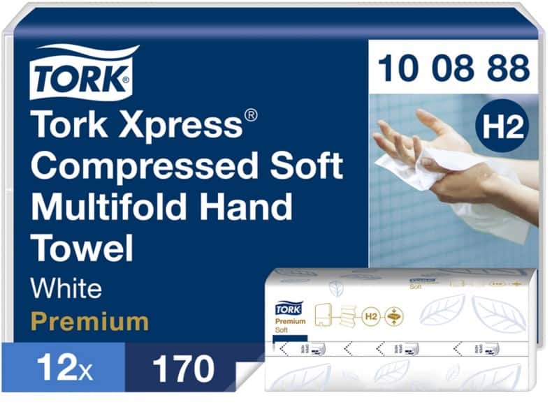 Tork Xpress Compressed Premium Paper Hand Towels H2 M-fold White 2 Ply 100888 170 Sheets Pack of 12