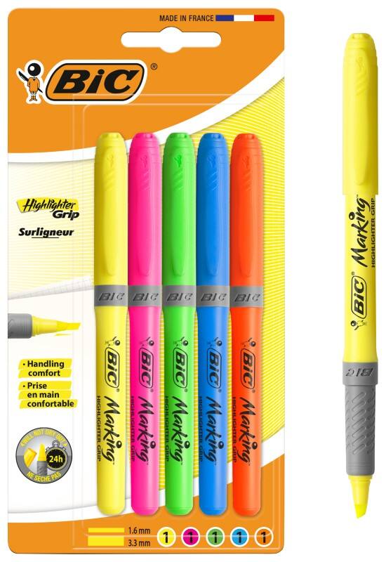 BIC Grip 824758 Highlighter Assorted Medium Chisel 3.3 mm Pack of 5
