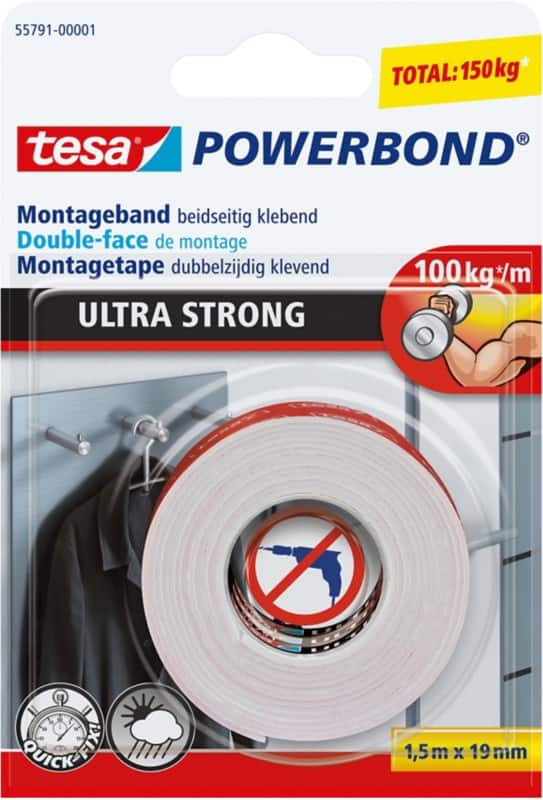 tesa Mounting Tape Powerbond Ultra Strong 55791-00000-01 White 19 mm (W) x 1.5 m (L) Synthetic Rubber