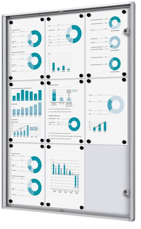 SHOWDOWN Lockable Notice Board Magnetic 71.1 (W) x 96.3 (H) cm Silver 9 x A4
