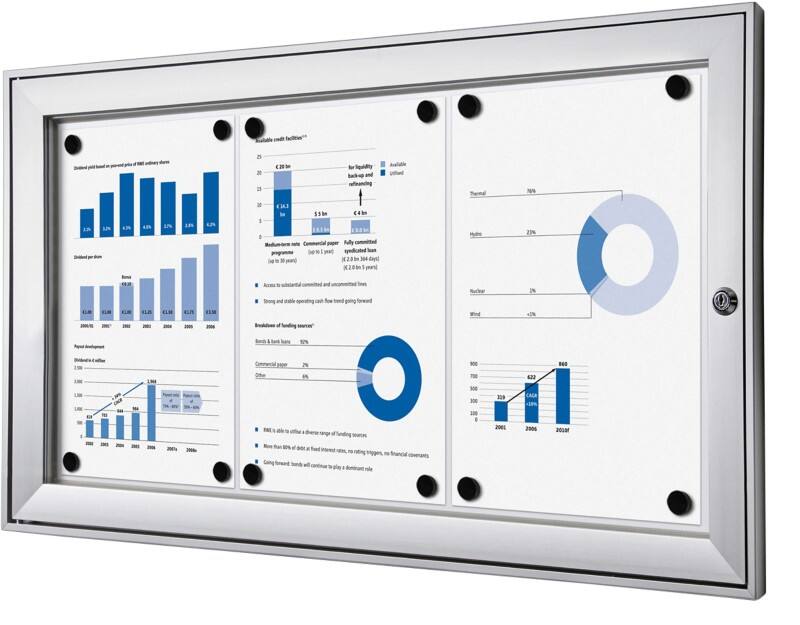 SHOWDOWN Lockable Notice Board Magnetic 74.1 (W) x 38.8 (H) cm Silver 3 x A4