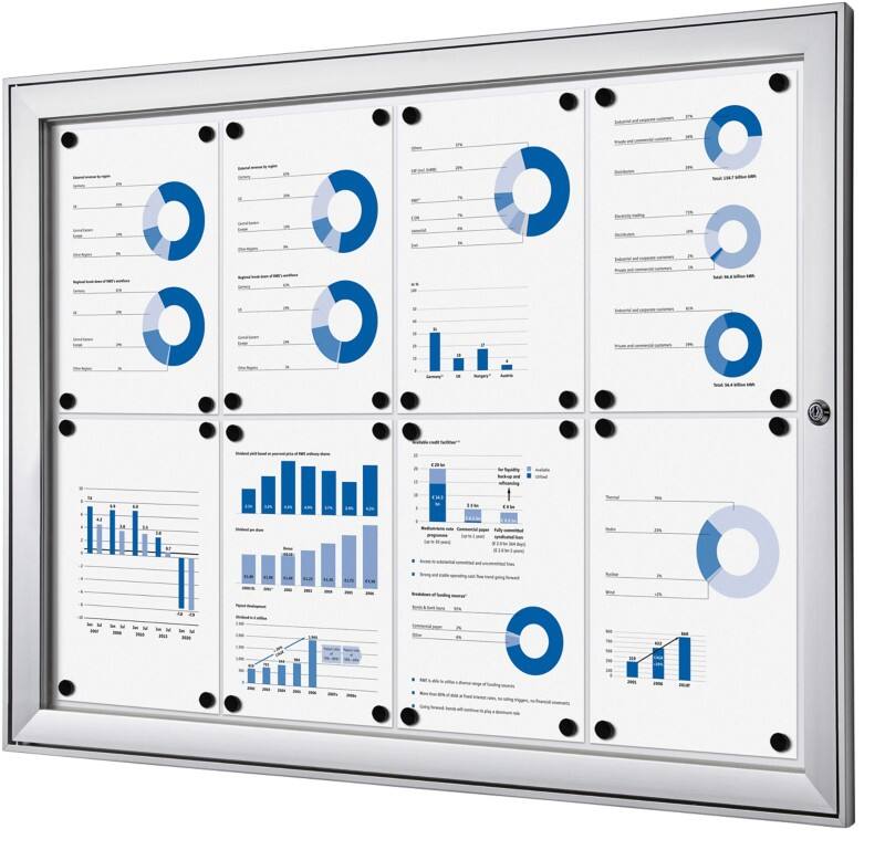 SHOWDOWN Lockable Notice Board Magnetic 96.1 (W) x 69.6 (H) cm Silver 8 x A4