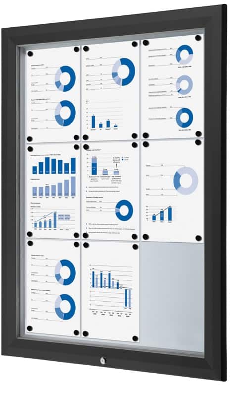 SHOWDOWN Lockable Notice Board Magnetic 80.5 (W) x 106.7 (H) cm Black 9 x A4