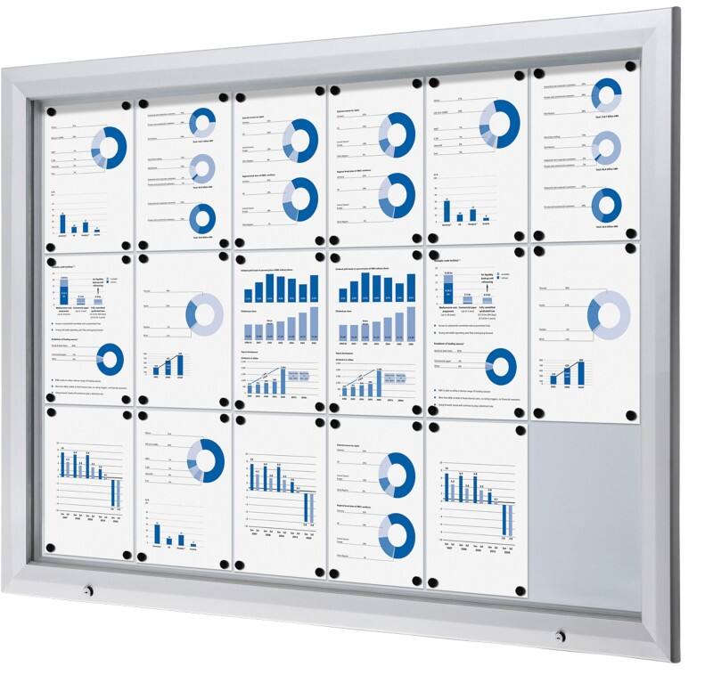 SHOWDOWN Lockable Notice Board Magnetic 146.5 (W) x 106.7 (H) cm Silver 18 x A4