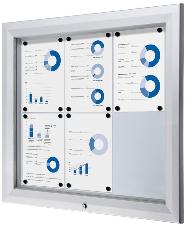 SHOWDOWN Lockable Notice Board Magnetic 80.5 (W) x 76 (H) cm Silver 6 x A4