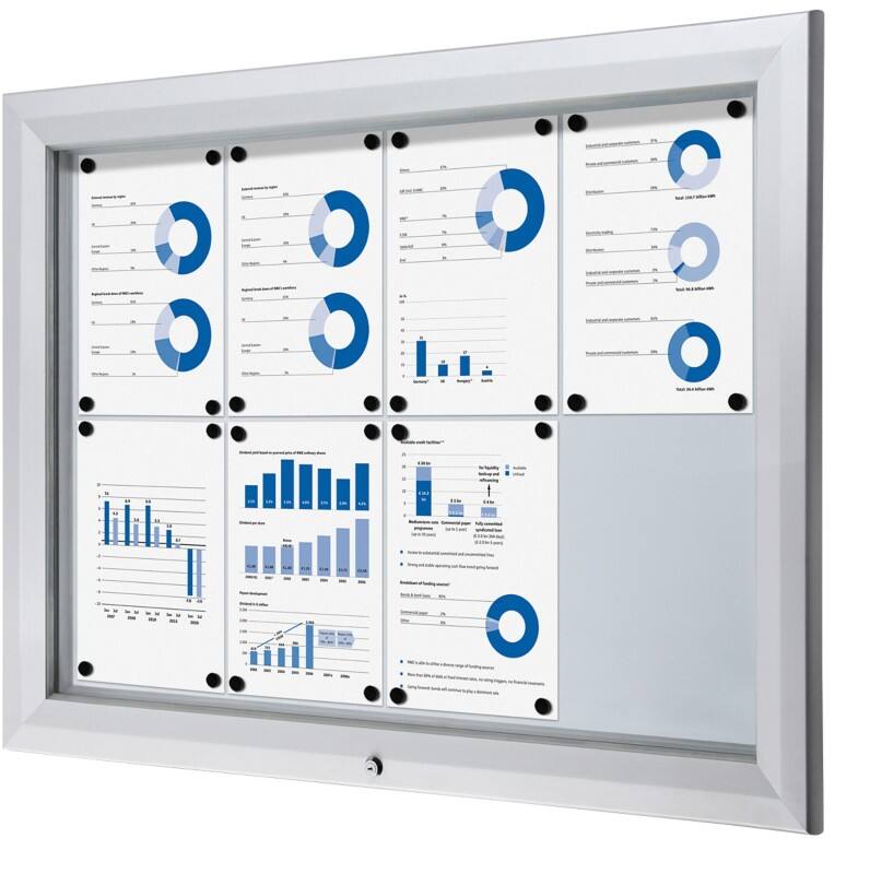 SHOWDOWN Lockable Notice Board Magnetic 102.5 (W) x 76 (H) cm Silver 8 x A4