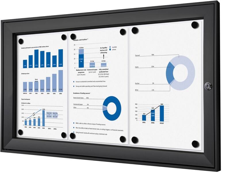 SHOWDOWN Lockable Notice Board Magnetic 74.1 (W) x 38.8 (H) cm Black 3 x A4