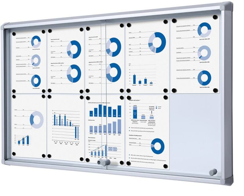 SHOWDOWN Lockable Notice Board Magnetic 116 (W) x 67.5 (H) cm Silver 10 x A4