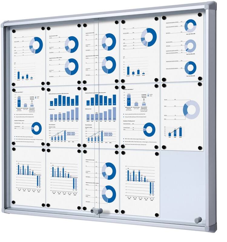 SHOWDOWN Lockable Notice Board Magnetic 116 (W) x 98.2 (H) cm Silver 15 x A4