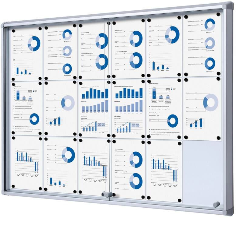 SHOWDOWN Lockable Notice Board Magnetic 138 (W) x 98.2 (H) cm Silver 18 x A4