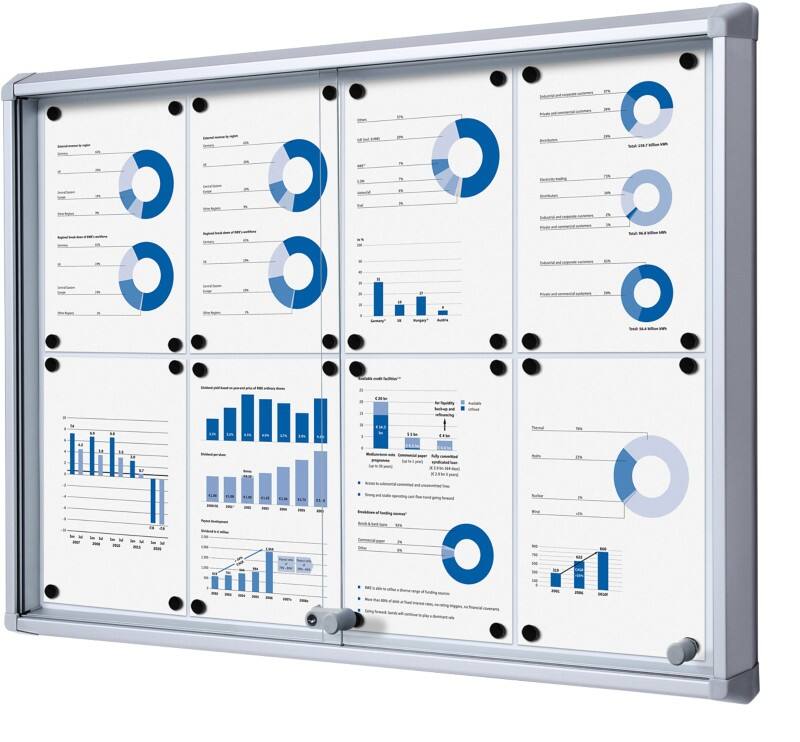 SHOWDOWN Lockable Notice Board Magnetic 94 (W) x 67.5 (H) cm Silver 8 x A4