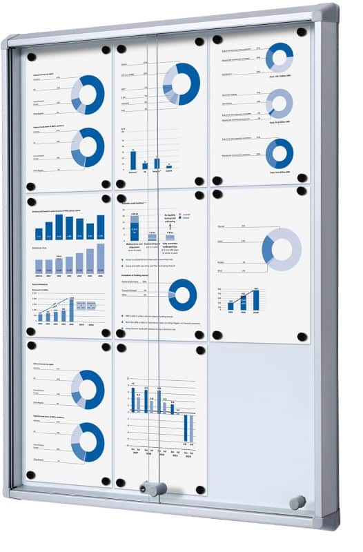 SHOWDOWN Lockable Notice Board Magnetic 72 (W) x 98.2 (H) cm Silver 9 x A4