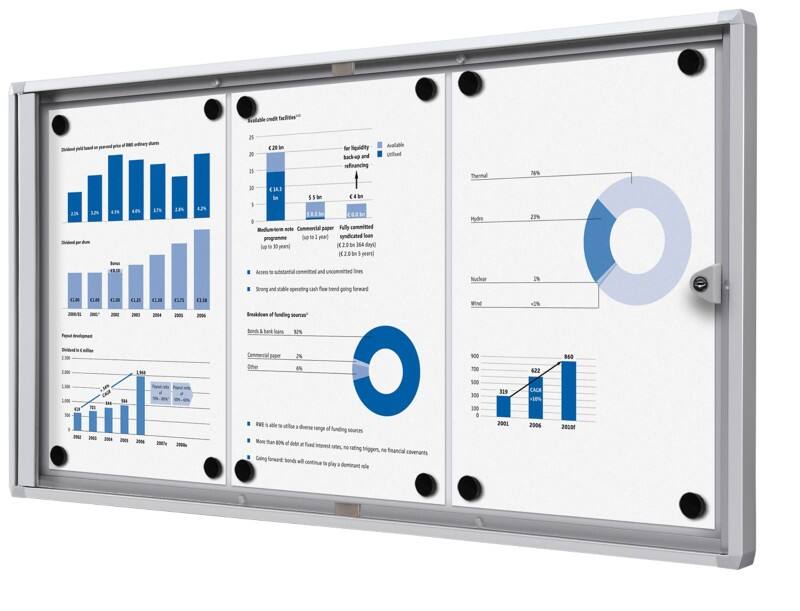 SHOWDOWN Lockable Notice Board Magnetic 71.1 (W) x 35 (H) cm Silver 3 x A4
