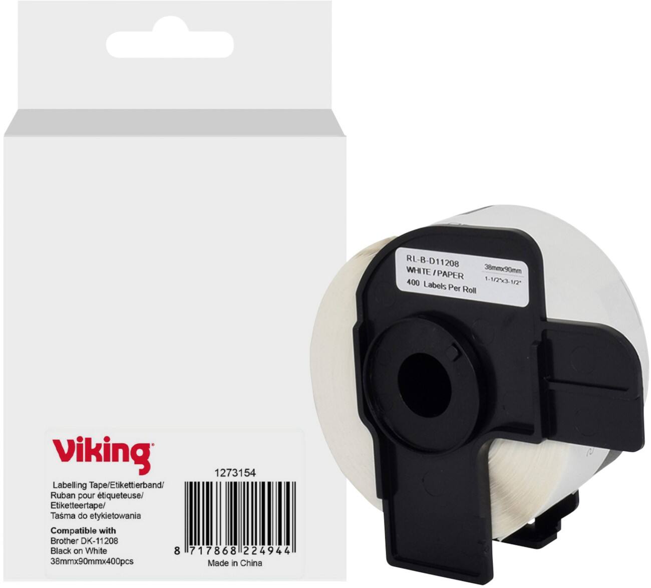 Viking Label Roll Compatible Brother DK-11208 WB-BRRLD11208-WT Adhesive Black on White 38 x 65 mm  Thermal 400 Labels