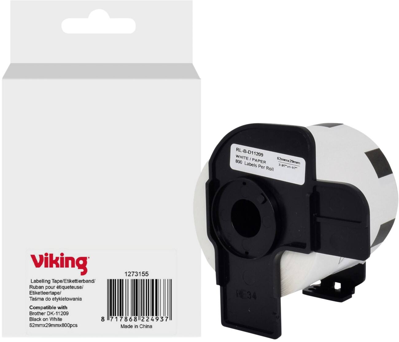 Viking Label Roll Compatible Brother DK-11209 WB-BRRLD11209-WT Adhesive Black on White 62 x 90 mm  Thermal 800 Labels