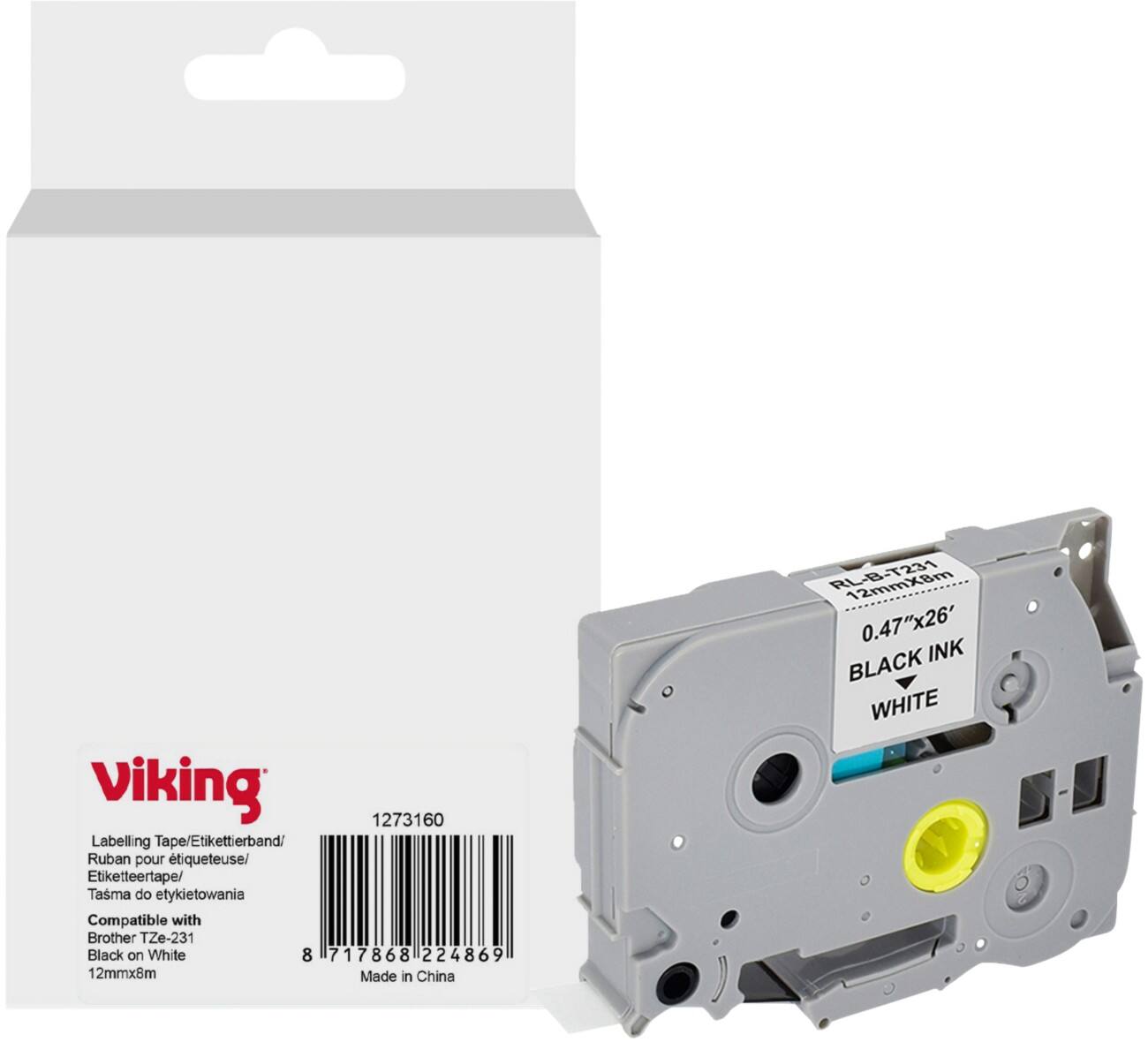 Viking Labelling Tape Compatible Brother TZe-231 WB-BRRLT231-WT Adhesive Black on White 12 x 93 mm Thermal