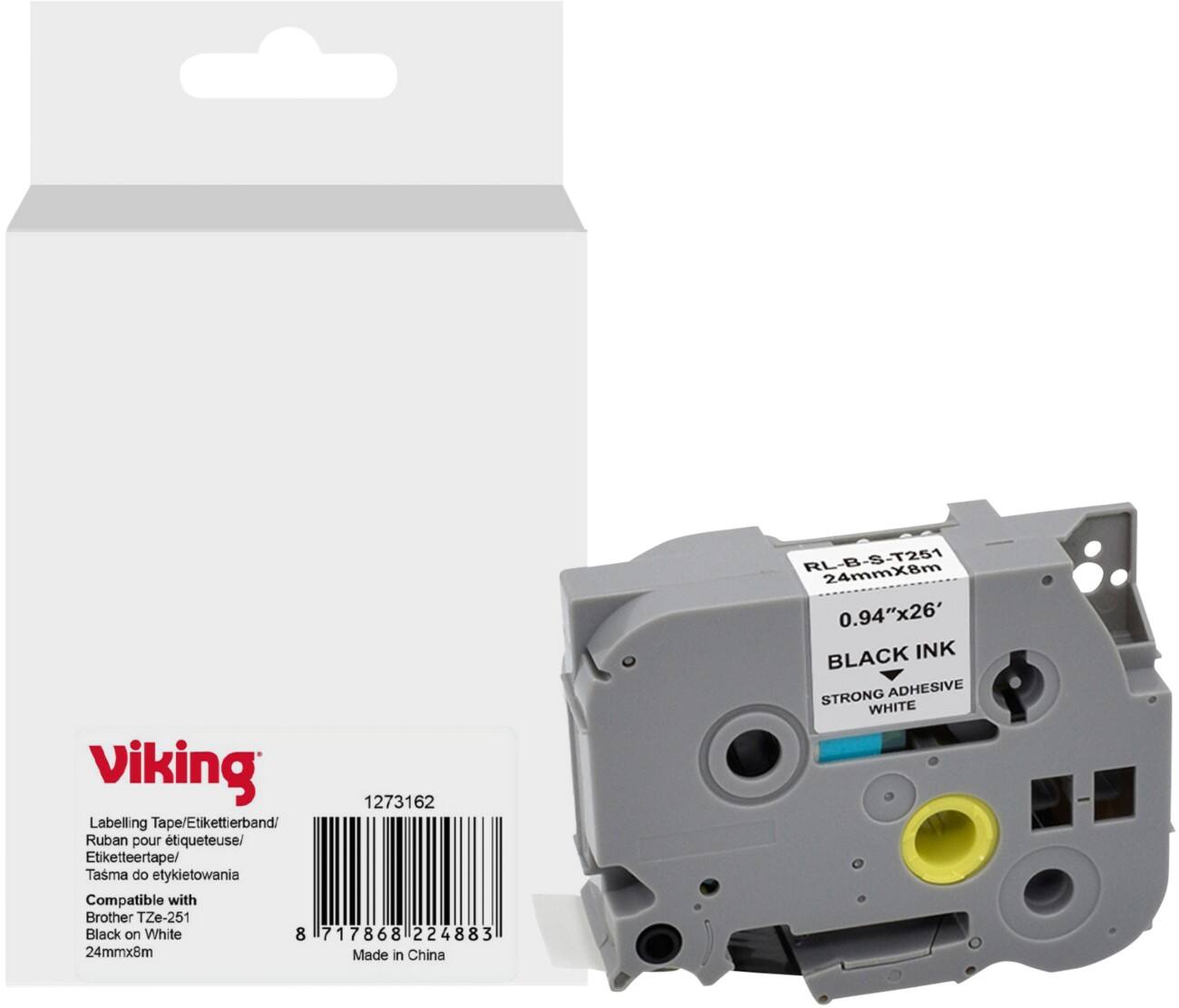 Viking Labelling Tape Compatible Brother TZe-251 WB-BRRLT251-WT Adhesive Black on White 24 x 93 mm Thermal