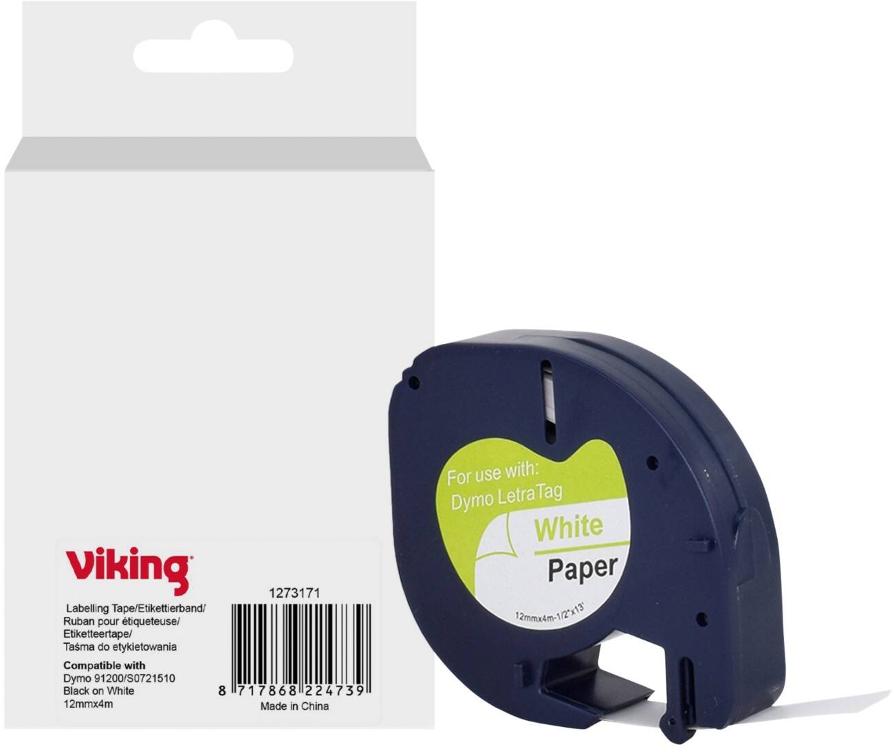 Viking Labelling Tape Compatible DYMO S0721510 WB-DMRL91200-WT Adhesive Black on White 12 x 75 mm  Thermal 4 m