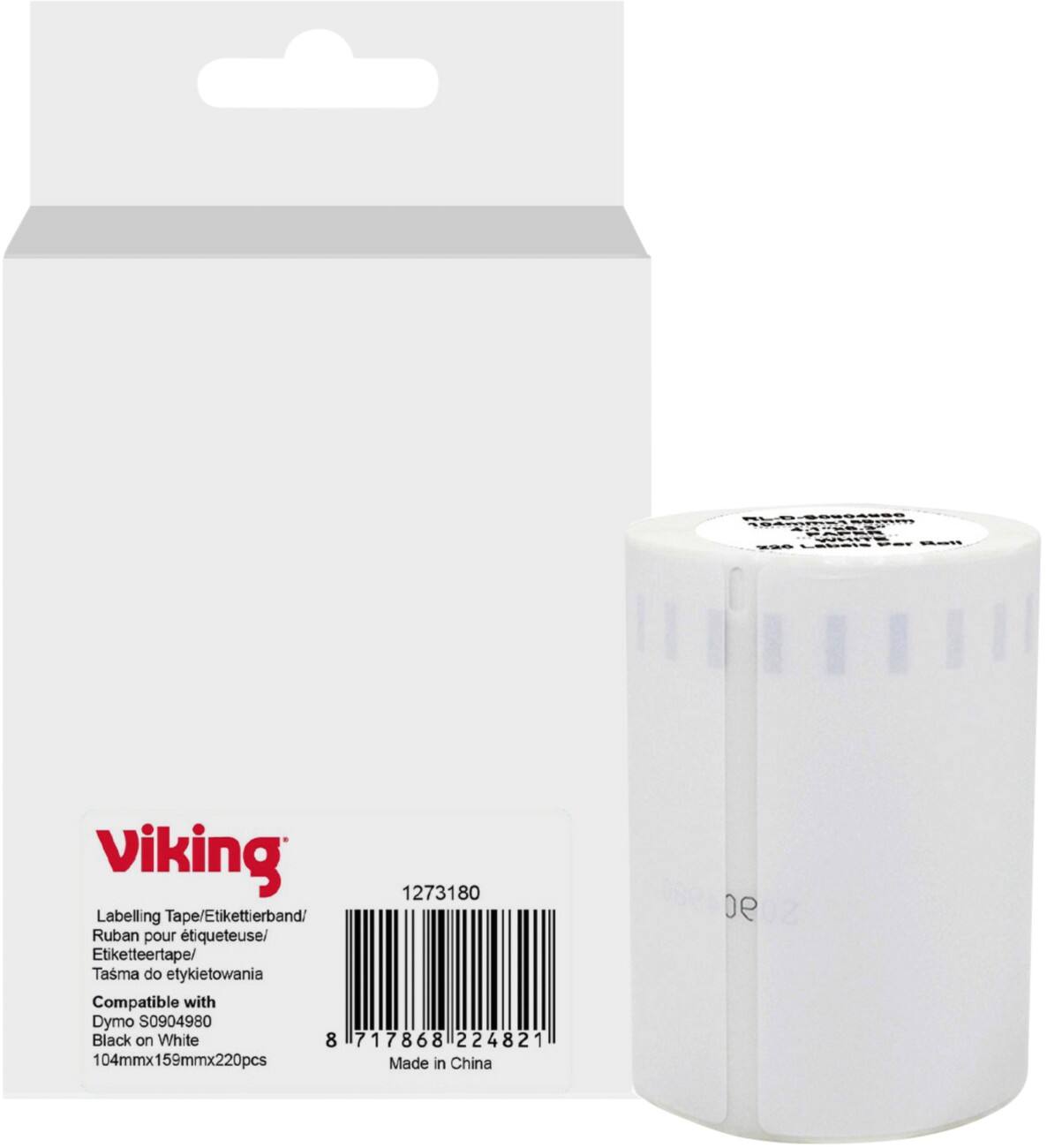 Viking Label Roll Compatible DYMO S0904980 WB-DMRLS0904980-WT Adhesive Black on White 104 x 113 mm  Thermal 220 Labels