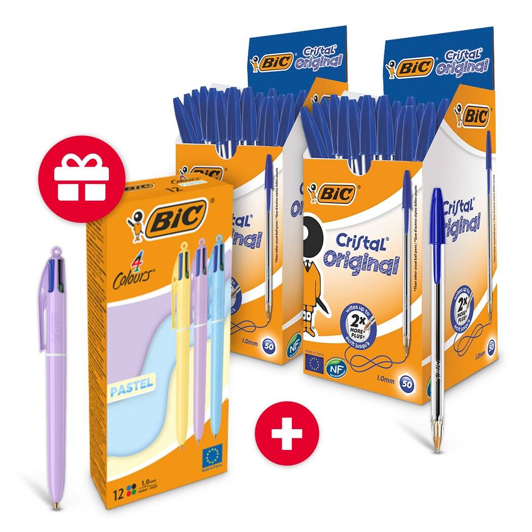BIC Cristal Original Ballpoint Pen Blue 2 Packs of 50 + FREE BIC 4 Colours Ballpoint Pen Multicolour Pack of 12