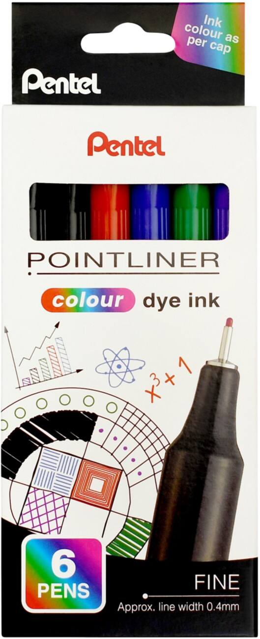 Pentel Pointliner Colour Fineliner Pen Needlepoint Multicolour Pack of 6